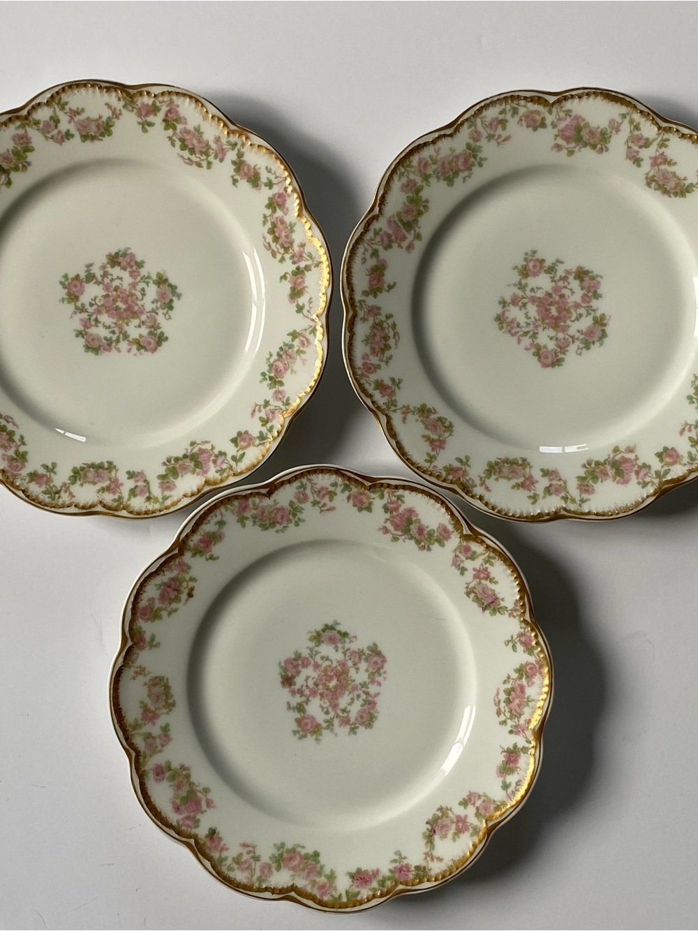 3 Antique Limoges Dessert Plates 7.5” Pink Roses Floral Gilt Rose Swags set EUC